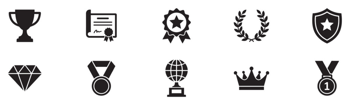 Award, trophy cup icon set. Winning icons collection. Award symbols collection. Trophy Cup and Winner Medal silhouette. Vector Illustration. EPS 10