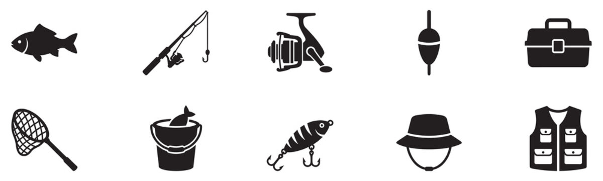 Fishing icon set. Fishing gear icons. Solid style icons of fishing gear and methods: fishing pole with hook, net icon, bait bucket, tackle box, fish. Vector Illustration.