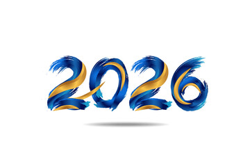 Obraz premium Modern 2026 typography with dynamic blue and gold brush strokes, symbolizing new year celebration, creativity, and energy. Perfect for New Year design, calendar cover, poster, branding, and festive ma
