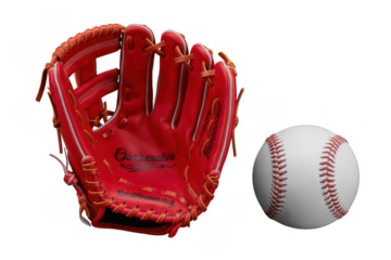 Red baseball glove and baseball on black red glove isolated on a transparent background