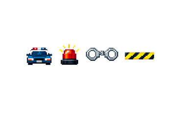 Pixel art police car, siren, handcuffs, and caution tape icons for law enforcement themes