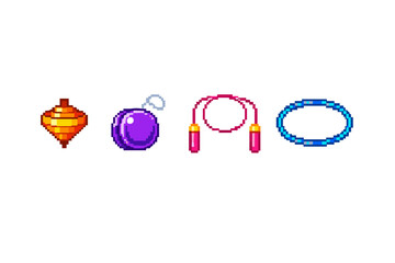 Pixel art collection of classic toys: spinning top, yo-yo, jump rope, and hula hoop