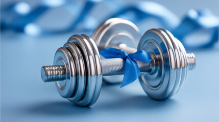 Shiny metal dumbbell with adjustable weights tied with a blue ribbon on a smooth light blue surface symbolizing fitness gift or motivation concept