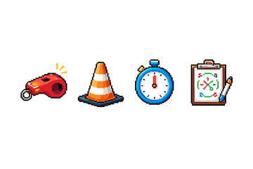 Obraz premium Pixel art icons for sports coaching: whistle, cone, stopwatch, and playbook