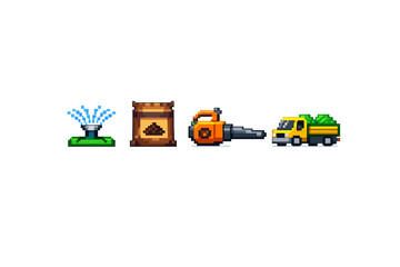 Fototapeta premium Pixel art icons for gardening and landscaping tasks, including watering and hauling