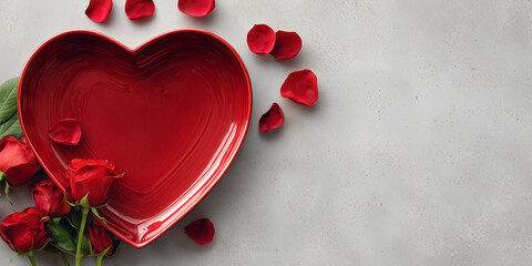 Red heart-shaped ceramic plate with fresh red roses and scattered petals arranged on a light grey background, symbolizing love and romance for Valentine's Day celebrations