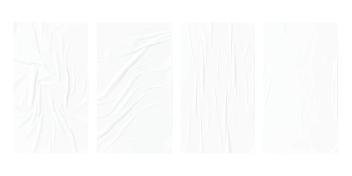 Four realistic white crumpled paper textures set for design and mockups