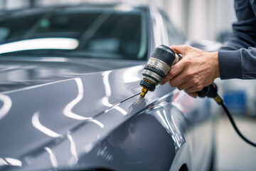 Technician using a professional polishing machine to buff and restore the glossy paint surface of a luxury car in a modern auto repair workshop