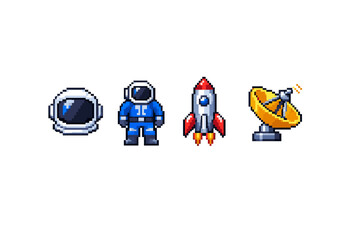 Pixel art icons of astronaut, rocket, and satellite for space exploration themes