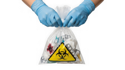 Gloved hands holding biohazard bag with medical waste