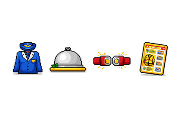 Obraz premium Pixel art icons representing airline services: pilot uniform, food service, seatbelts, and in-flight entertainment