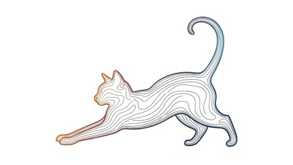 Obraz premium Elegant cat stretching in graceful pose with flowing lines and soft pastel colors on white background isolated for design projects and creative artwork.