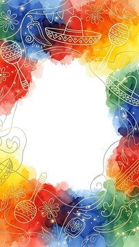 Vibrant watercolor Mexican fiesta frame with traditional symbols, maracas, sombrero and decorative elements on white background for festive designs.