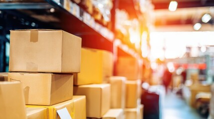 rows of neatly stacked cardboard boxes filling a spacious warehouse illuminated by soft overhead lighting against a simple backdrop