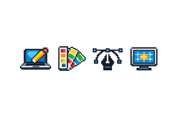 Pixel art icons representing graphic design tools and concepts