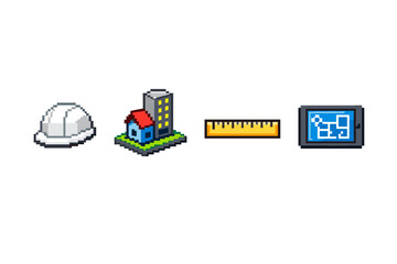 Obraz premium Pixel art icons for construction, architecture, and real estate development projects