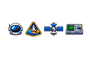 Pixel art icons of space exploration: astronaut helmet, rocket launch patch, satellite, and radar