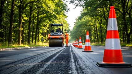 Road construction workers paving asphalt with machinery and orange traffic cones