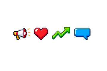 Pixel art icons: megaphone, heart, growth chart, and speech bubble on white background