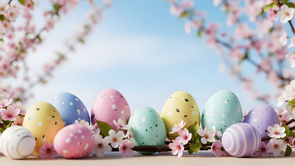 Colorful Easter eggs with cherry blossoms spring celebration vector illustration