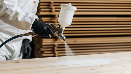 Person in white suit spraying paint on wooden surface with spray gun