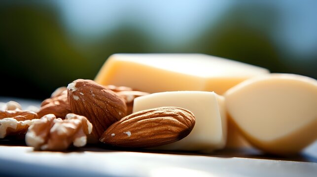 Mixed nuts almonds walnuts with cheese slices on plate, healthy snacking protein rich food ingredients for appetizer platter or charcuterie board preparation. - Powered by Adobe