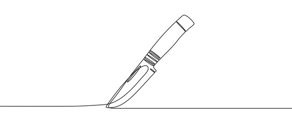 Survival knife or hunting knife with a fixed blade and a handle with a guard. Drawing in one line art style with editable black stroke on a white background. Vector illustration.