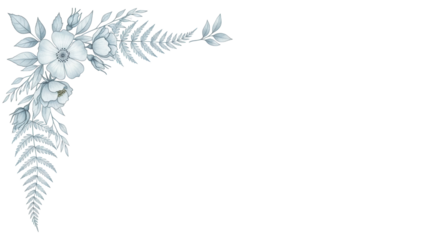 Minimal elegant watercolor floral corner border featuring wild roses and fern in pastel blue isolated on white background