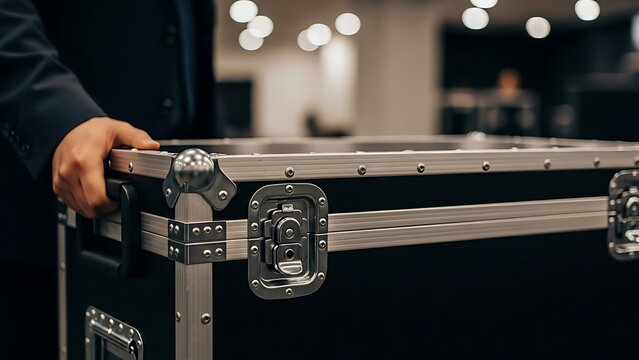Person holding a black metal flight case with silver latches and handles