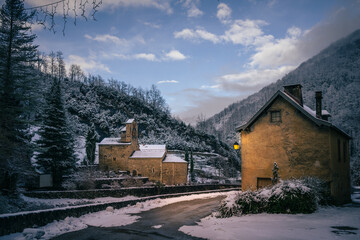 Mountain village in winter in Ariege Pyrenees France