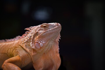 Side view of orange iguana face close up with dark background