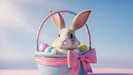 Easter bunny with colorful egg basket vector illustration, pastel flat design