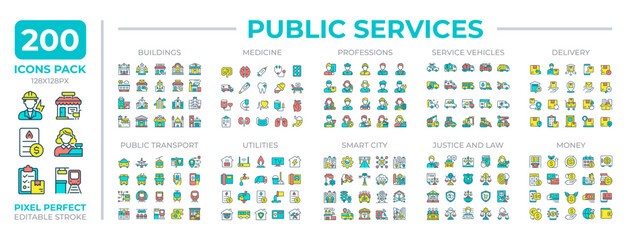 Public services colorful icons set collectio. Meeting community needs. Ensuring social welfare industry mega pack of flat line symbols, pixel perfect. Isolated vector illustrations. Editable stroke