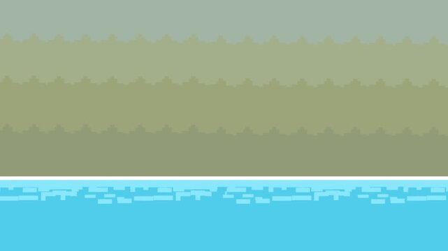 Animation of an old game scene with a flowing river in pixel art style, 16-bit, game, 2D.