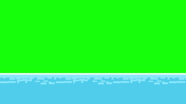 Animation of an old game scene with a flowing river in pixel art style with a green background, 16-bit, game, 2D.