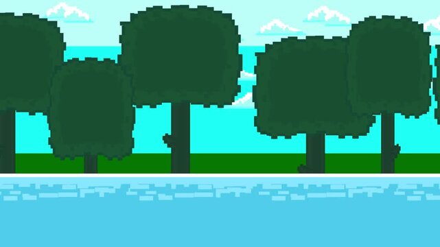 Animation of an old game scene with a flowing river in pixel art style with trees in the background, 16-bit, game, 2D.