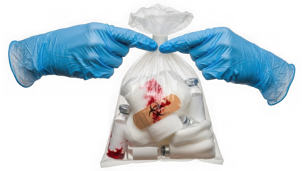 Hands in blue gloves holding a biohazard bag with medical supplies