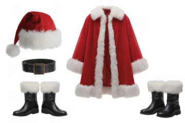 Santa Claus costume and accessories red cape white fur trim isolated on a transparent background