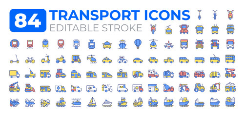 Transportation colorful icons big set. Passenger vehicles. Cargo delivery service. Road infrastructure development iconset color linear symbols. Vector isolated flat illustrations. Editable stroke © IMG visuals icons