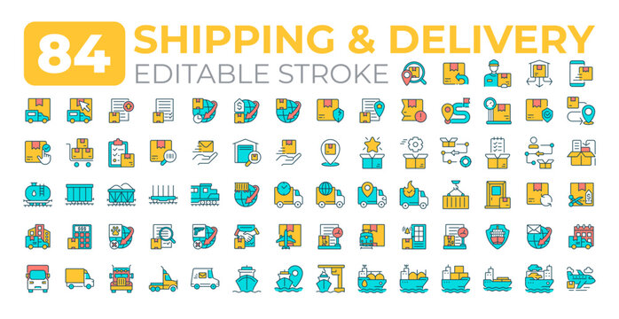 Shipping and delivery colorful icons big set. Freight transportation industry. Cargo distribution service maintenance iconset color linear symbols. Vector isolated flat illustrations. Editable stroke