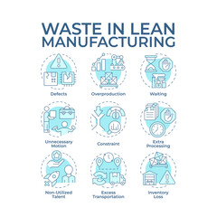 Waste in lean manufacturing soft blue concept icons. Production management, workflow efficiency. Icon pack. Vector images. Round shape illustrations for article, infographic. Abstract idea