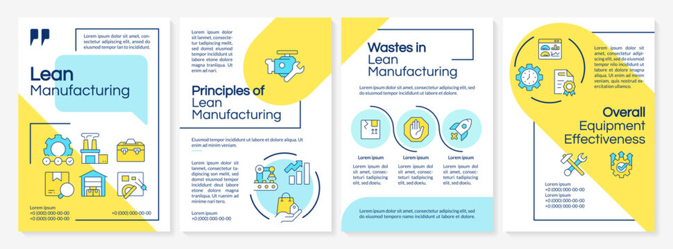 Lean manufacturing blue and yellow brochure layout. Customer value, production system. Leaflet advertising design with color line icons. Editable 4 pages. Questrial, Lato-Regular fonts used