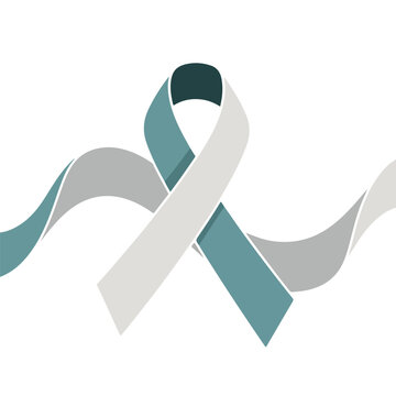 Teal, white, and gray ribbon symbolizing World Cancer Day awareness on a plain white background with a simple, elegant design.