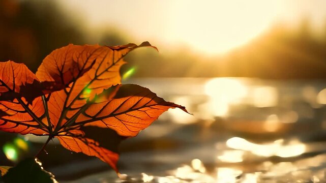 An orange leaf catches the warm sunlight as it rests near the shimmering water's edge. This leaf and sunlight create a tranquil scene that embodies the beauty of autumn.