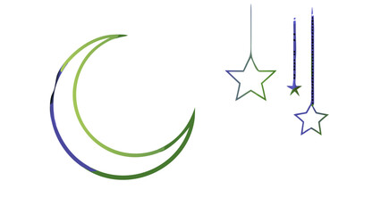 Minimalist vector illustration of a golden crescent moon and a hanging star, elegant linework, isolated on a clean white background, luxury Islamic style.