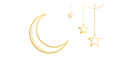 Minimalist vector illustration of a golden crescent moon and a hanging star, elegant linework, isolated on a clean white background, luxury Islamic style.