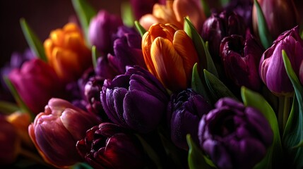 Fototapeta premium Colorful bouquet of fresh tulips with smooth petals and green leaves, perfect for spring cards, floral prints