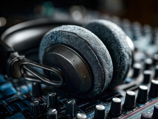 Over-ear headphones resting on a dj mixing console with control knobs and buttons