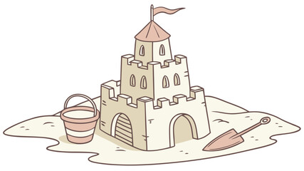 Fototapeta premium Whimsical sandcastle with bucket and spade on a sandy beach, storybook illustration
