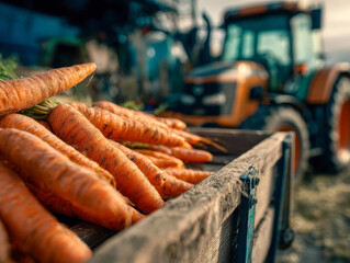 Freshly harvested carrots stacked in a wooden cart with a blurred tractor in the background on a sunny day at the farm during harvest season